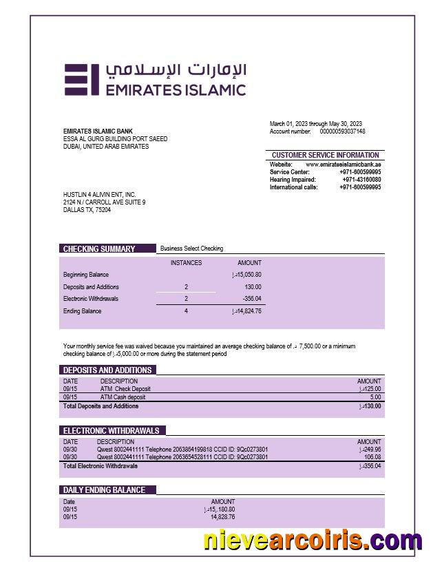 Emirates Islamic Bank firm account statement
